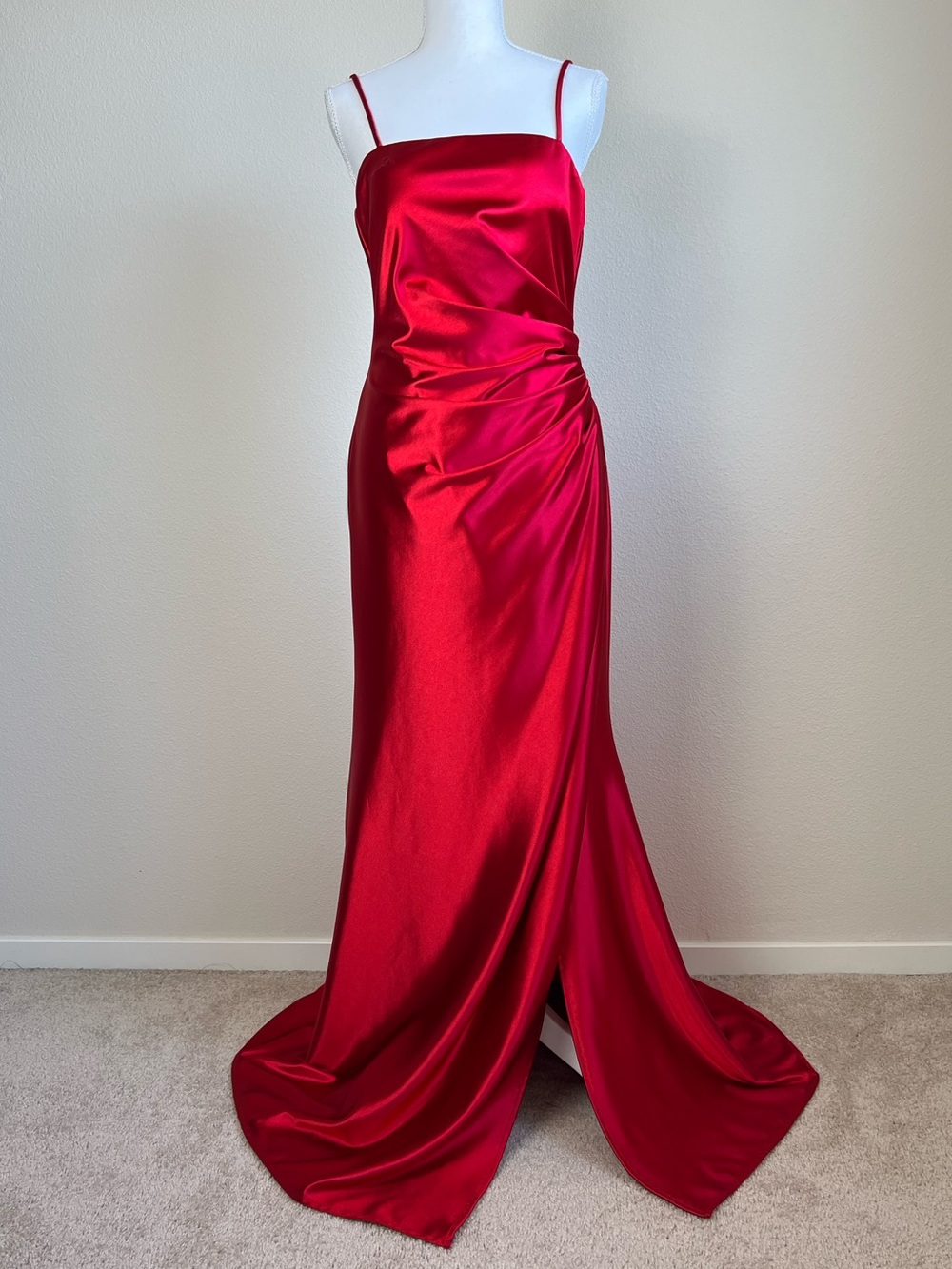 Bombshell‎ Red Satin Evening Gown Maxi Dress High Slit Formal Wedding Prom M